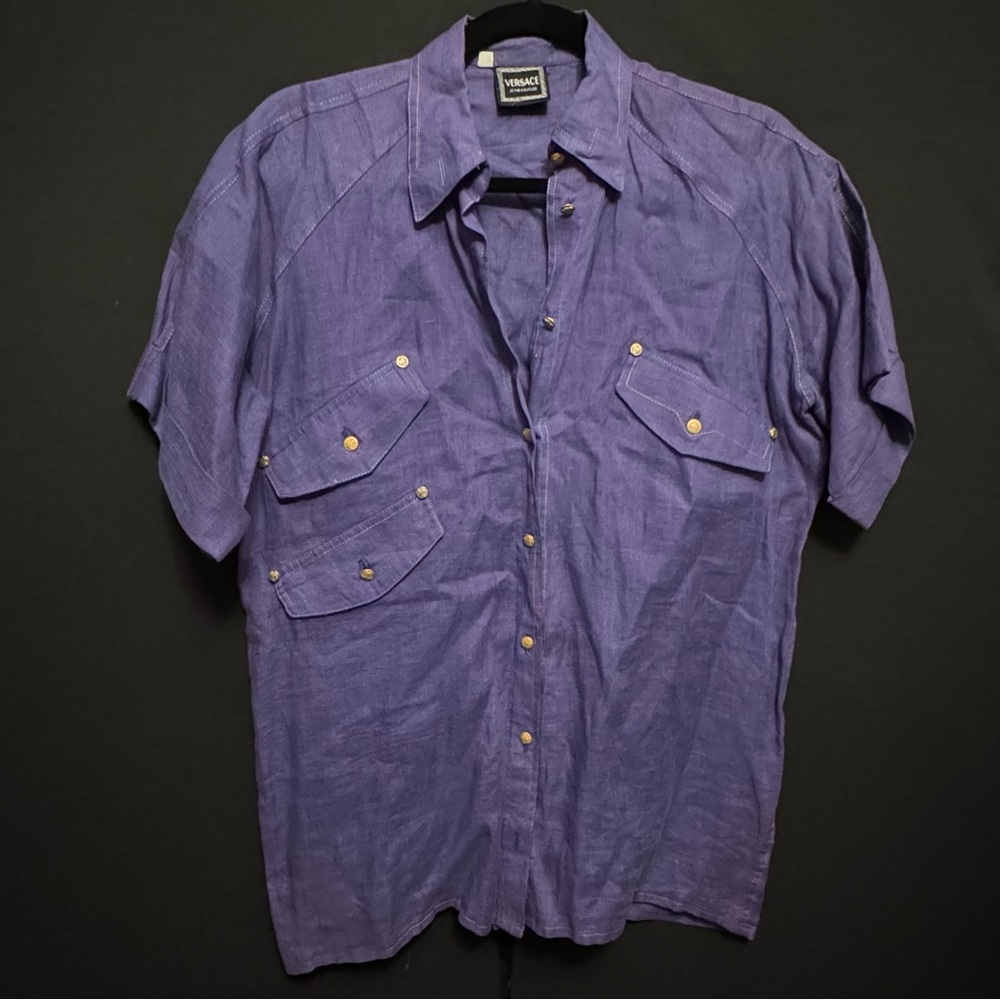 Versace Jeans Couture Vintage Purple Linen Blouse, Medusa Buttons